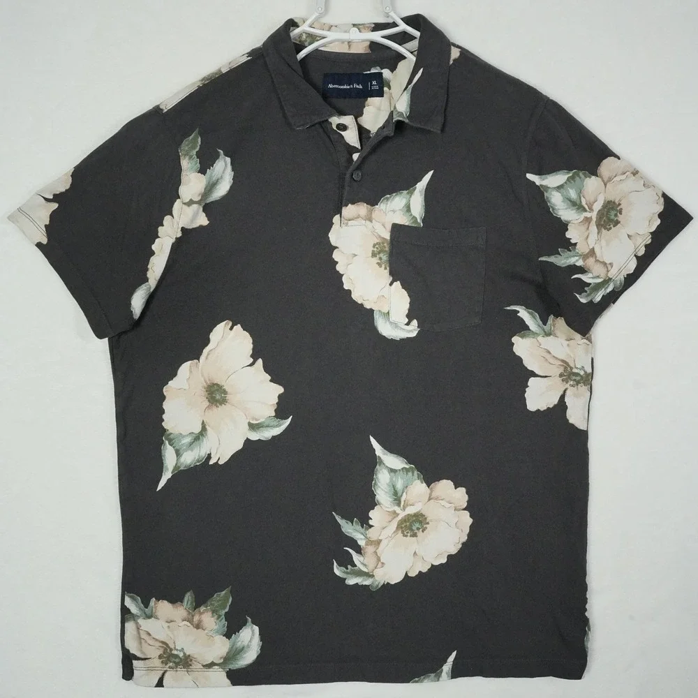 Abercrombie Fitch Mens Black‎ Floral Print Short Sleeve Polo Shirt Size XL